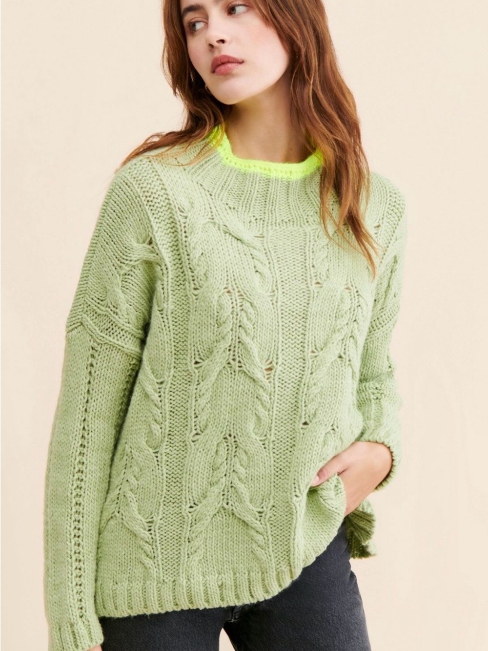 Anthropologie Light Green Cable-Knit Sweater with Neon Yellow Trim